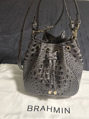Brahmin Gray Croc-Embossed Leather Drawstring Bucket Bag with Gold Hardware